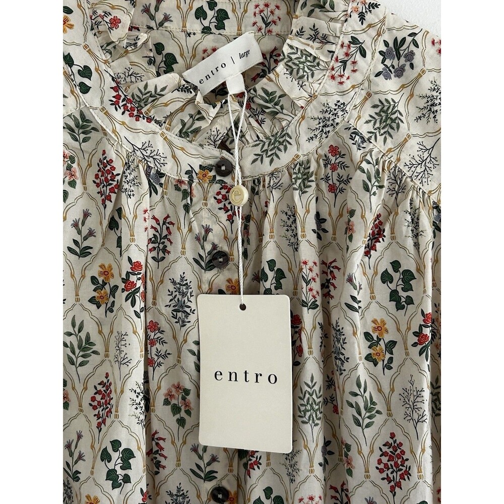 New Entro Garden Party Top Size Large Button Front Ruffle Collar Puff Sleeve - Picture 6 of 9